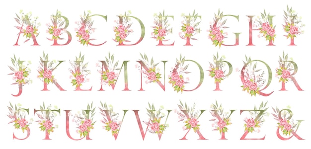 floral alphabet with pink flowers and green leaves