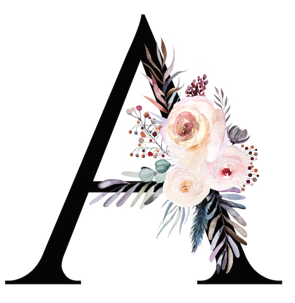 Floral aquarel letter A versierd met pastel winter boeket geïsoleerd op wit