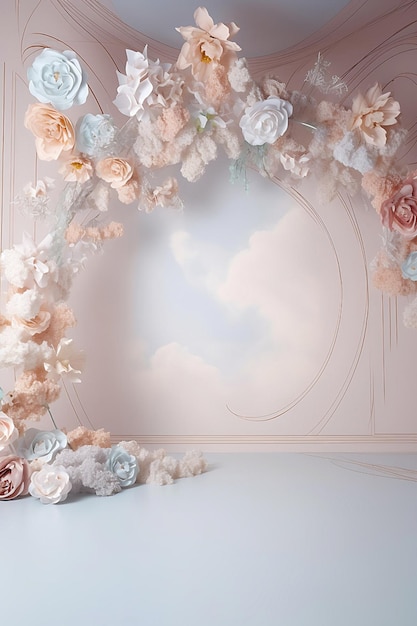 A floral arch with a cloud in the background