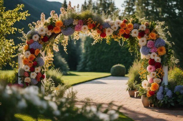 その上に花がある花のアーチ