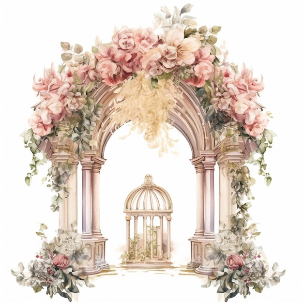 A floral arch with pink flowers and gold trim