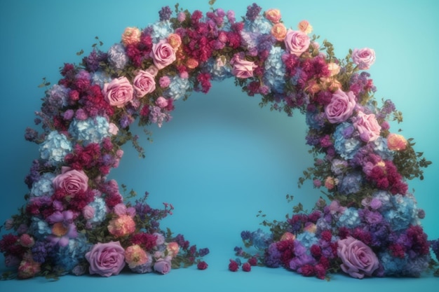 A floral arch with pink and purple flowers.