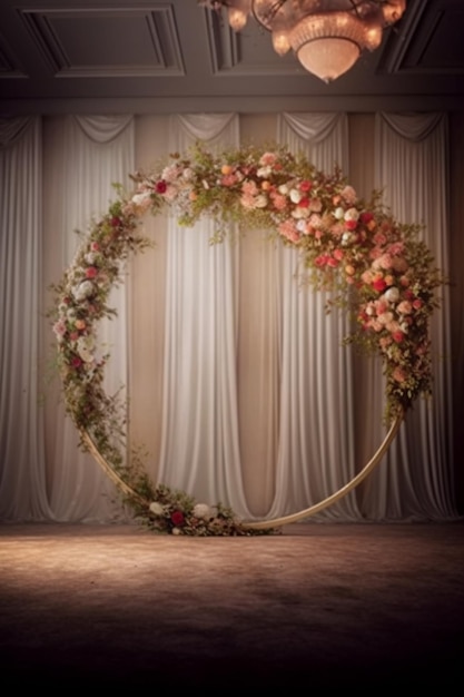 A floral arch with pink and red flowers on it