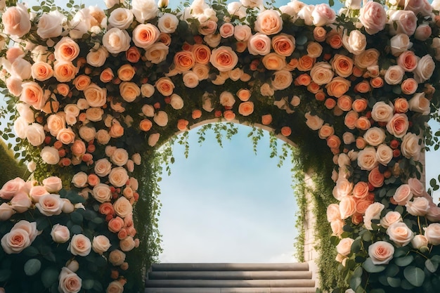 A floral arch with roses on the arch.