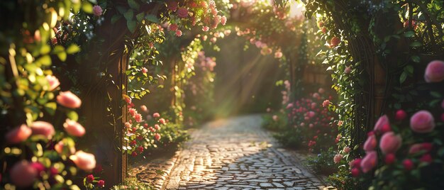 Foto arco floreale con luce solare ingresso romantico fiori lussureggianti sentiero incantevole