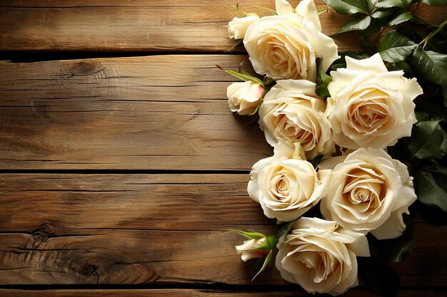 Floral arrangement of beautiful white roses on wooden background