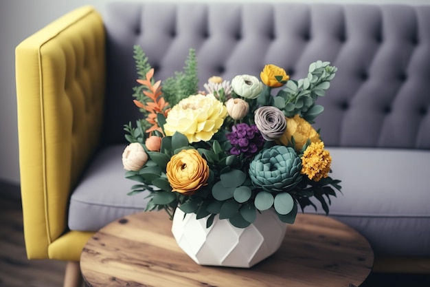 A floral arrangement is placed on a wooden surface