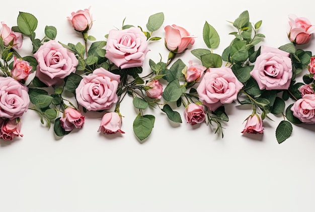 Photo floral arrangement of pink roses green eucalyptus and on white background