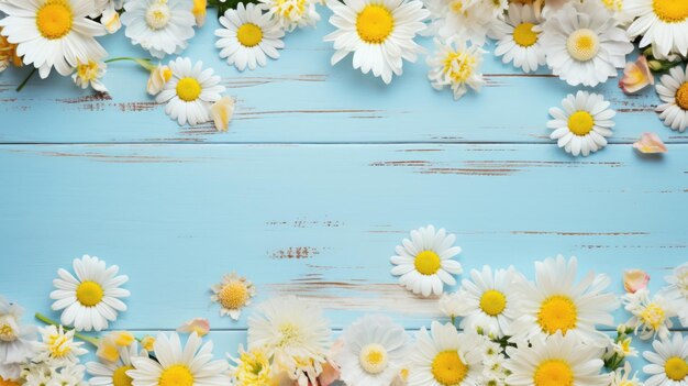 Floral arrangement of white daisies and yellow flowers scattered on a vibrant blue wooden background