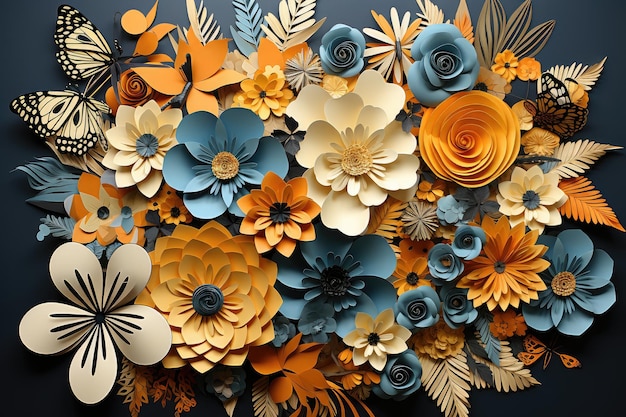 Floral arrangement with butterflies in quilling style Blue and yellow flowers Generative AI