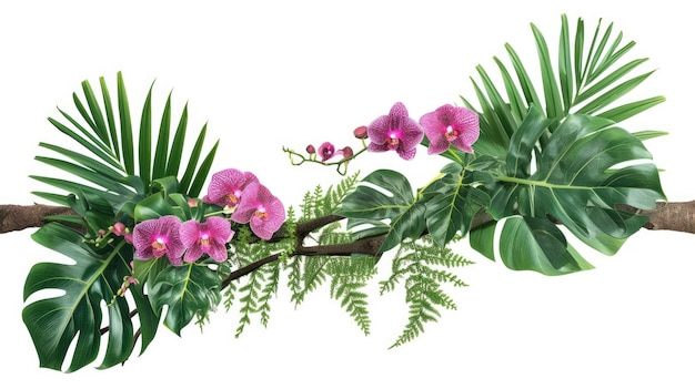 Floral arrangement with tropical leaves and orchids Tropical flower decor on tree branch