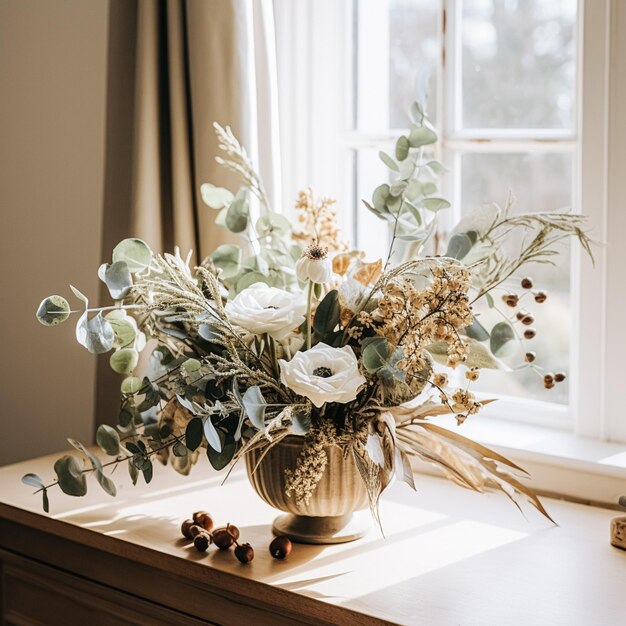 Photo floral arrangement with winter autumn or early spring botanical plants and flowers