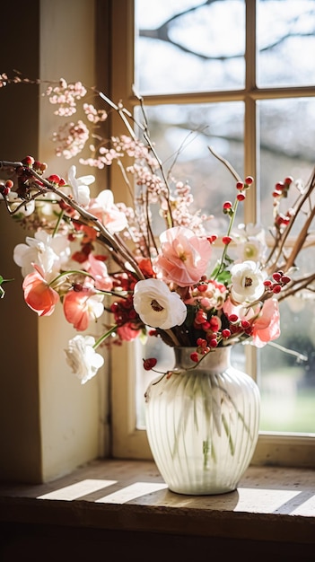 Floral arrangement with winter autumn or early spring botanical plants and flowers