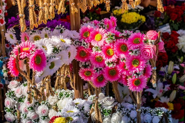 Floral art made of artificial flowers in view