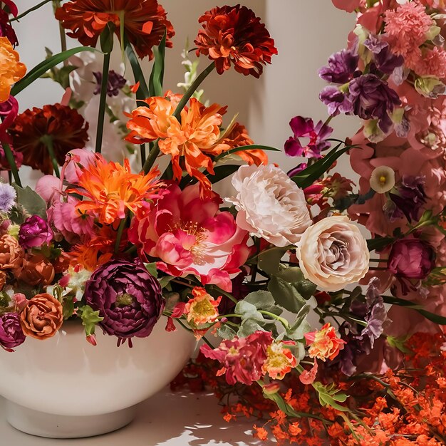 floral art made of colorful artificial flowers in view