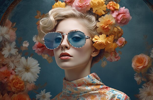 Floral art print featuring a woman with sunglasses and flowers in a conceptual digital style composed entirely of blooms Generative AI