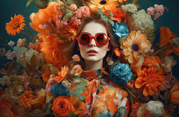 Цветочный художественный принт с изображением женщины в солнцезащитных очках и цветами в концептуальном цифровом стиле, полностью состоящем из цветов Генеративный ИИ