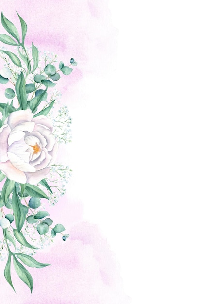 Foto carta di sfondo floreale modello di invito a nozze con peonia bianca gypsophila ed eucalipto spruzzi di acquerello rosa viola per salvare la data biglietti di auguri poster e copertina