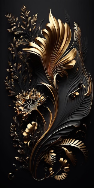 Фото Цветочный фон цифровой золотой черный дизайн 3d реалистичный