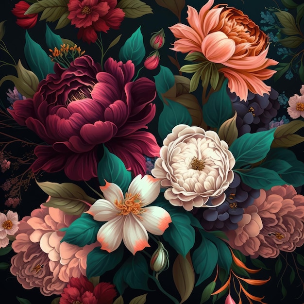 A floral background with a bunch of flowers and leaves.