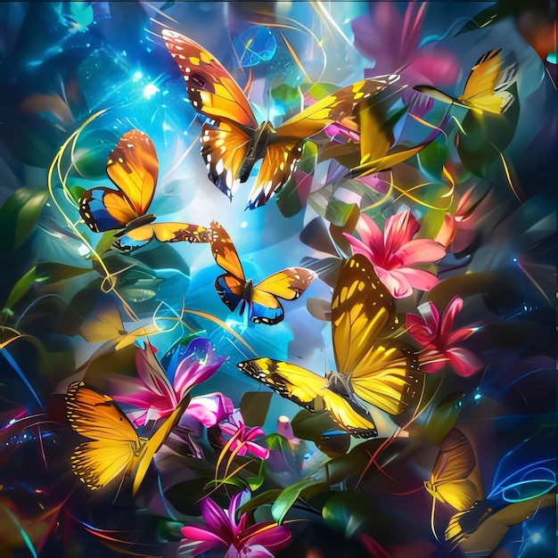 写真 蝶と花の花の背景 青い背景のカラフルな蝶