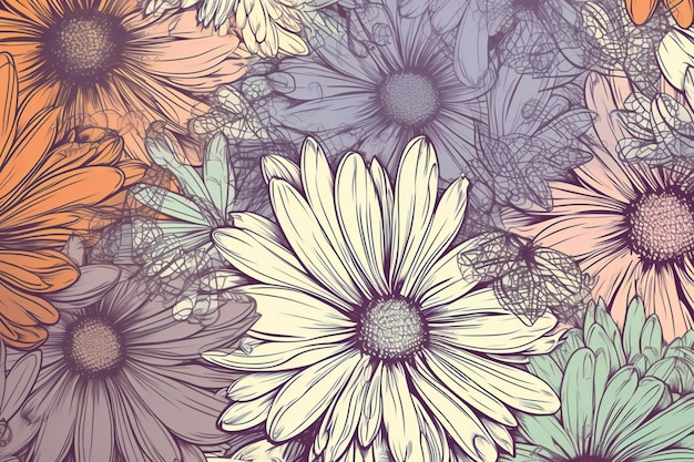 Floral background with chamomile and butterfly