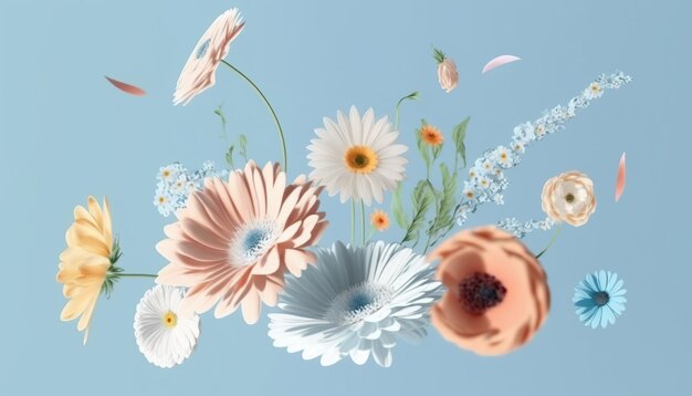 A floral background with a flower and a blue background.