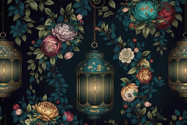 A floral background with a lantern and flowers.