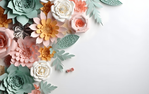 A floral background with paper flowers and leaves.