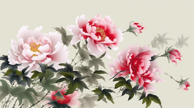 Photo a floral background with peonies and leaves.