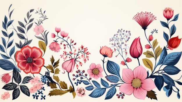 Photo floral background with pink red and blue flowers on a beige background