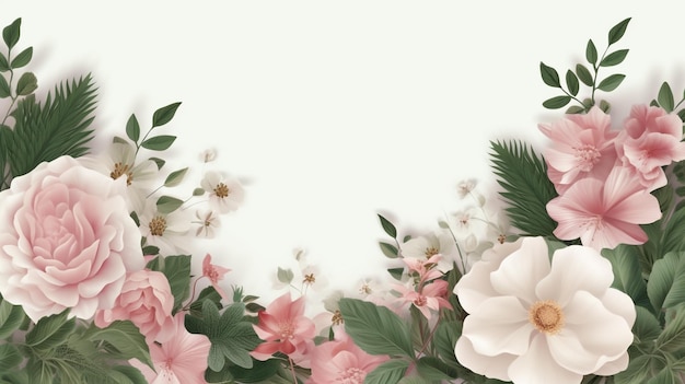 A floral background with a pink and white flowers and a green heart.