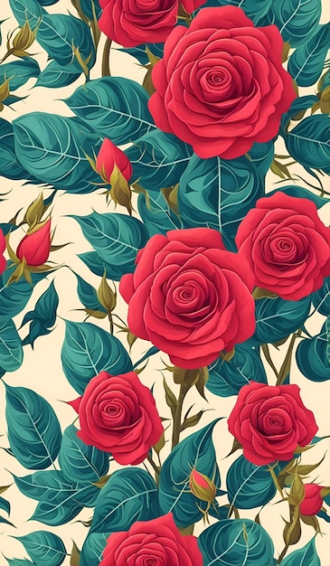 赤いバラと葉を持つ花の背景。