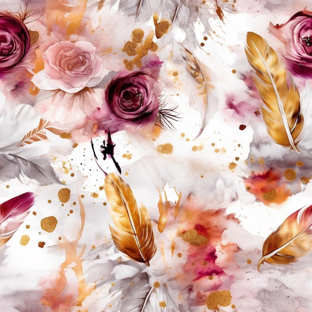A floral background with roses and feathers with a pink and red flower.