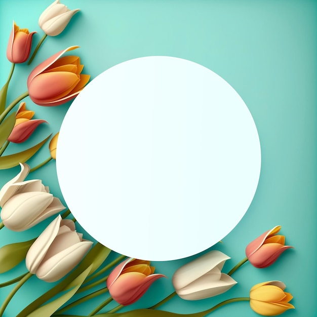 チューリップと丸い白い円を持つ花の背景。