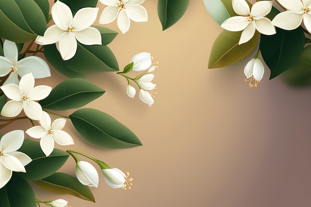 A floral background with white flowers and green leaves generative AI