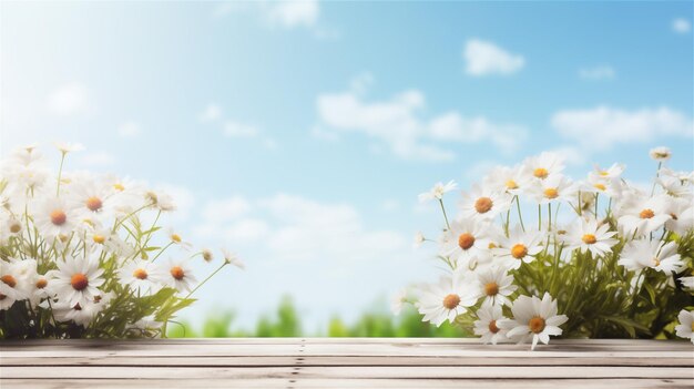 Floral background with wooden board sunny blue sky Spring display with copy space