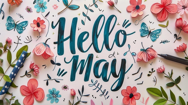 Photo a floral background with the words hello may