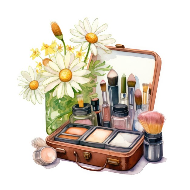 Photo floral beauty helenart's makeup supplies with daisy watercolor illustration ai generative