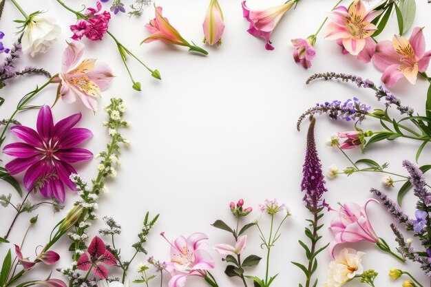 Foto cornice di fiori sullo sfondo bianco