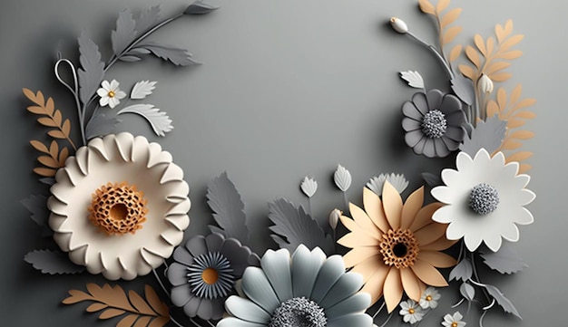 Floral border grey and cream color flower image background AI Generated