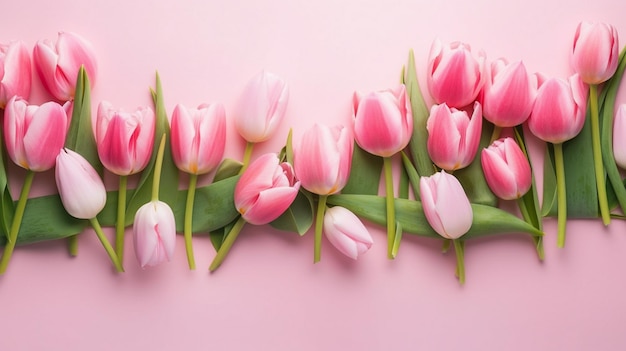 Floral border of tulip and rose flowers on pink background