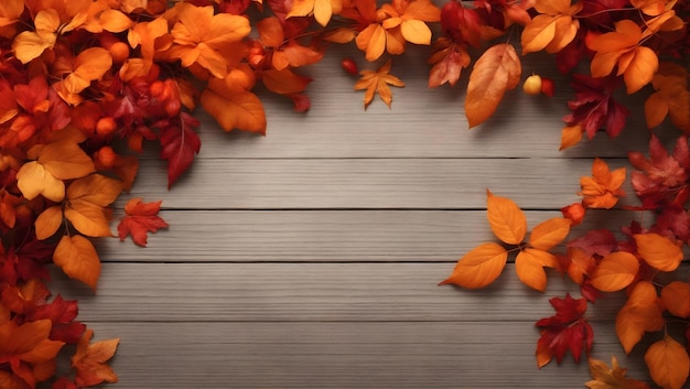 Floral Border with Autumn Orange and Red Leaves