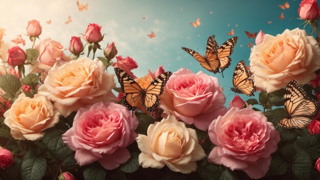 Photo floral border with butterflies and roses