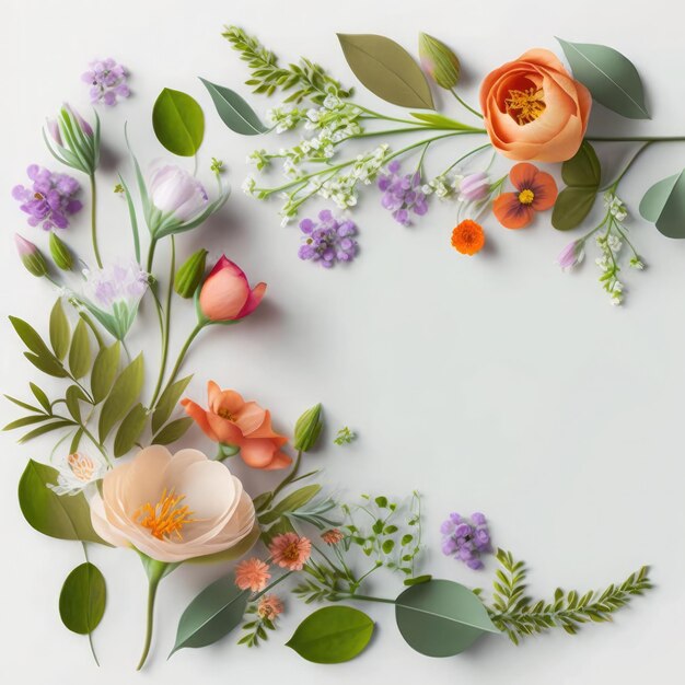 A floral border with flowers and leaves on a white background.