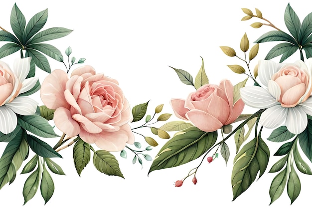 A floral border with pink roses and green leaves.