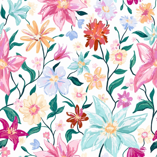 Floral botanical seamless pattern with colorful flowers and leaves.