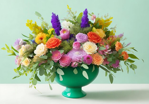 Floral bouquet using a unique arrangement of flowers with pastel hues and tones clean background