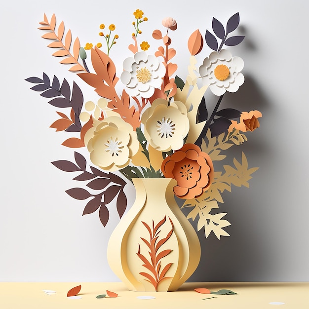 Floral bouquet in a vase in paper cut style Generative AI