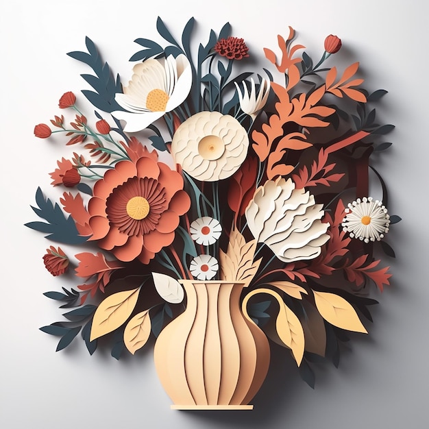 Floral bouquet in a vase in paper cut style Generative AI